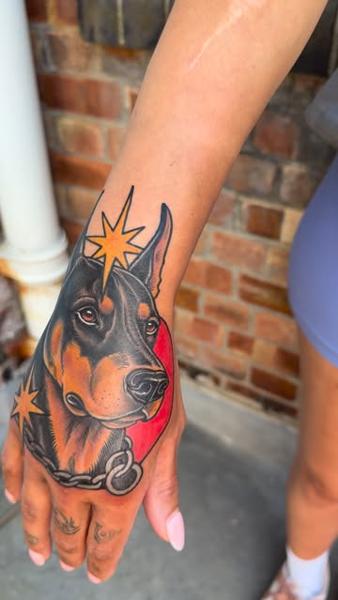 Realism doberman portrait tattoo by @mattwebbtattoo