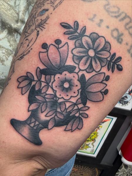 Traditional floral vase tattoo by @mattygoldstein