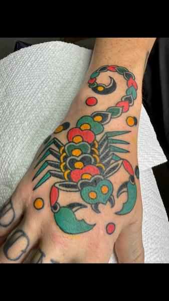 Traditional scorpion tattoo by @mattygoldstein