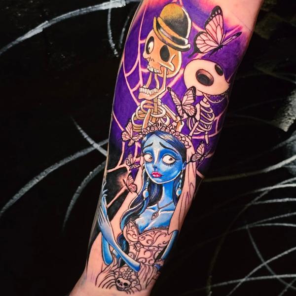 Illustrative color corpse bride characters tattoo by @matty_nate_tattoos
