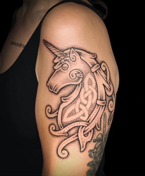 Dotwork celtic unicorn tattoo by @meelarainey_tattoo