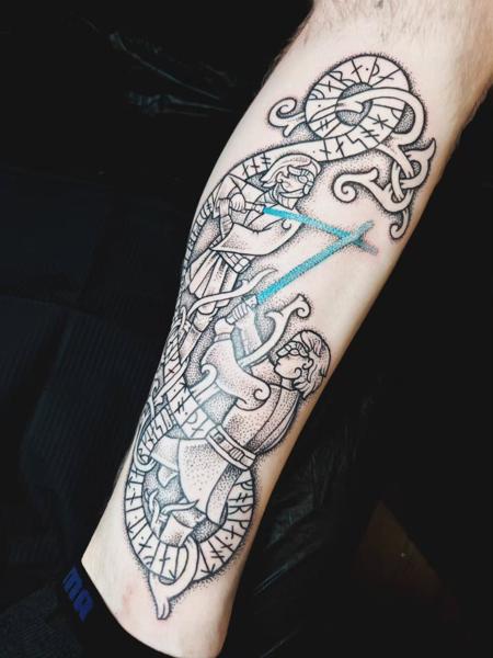 Dotwork viking warriors tattoo by @meelarainey_tattoo