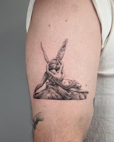 Fine line realism cupid psyche statue tattoo by @meganbirdtattoo
