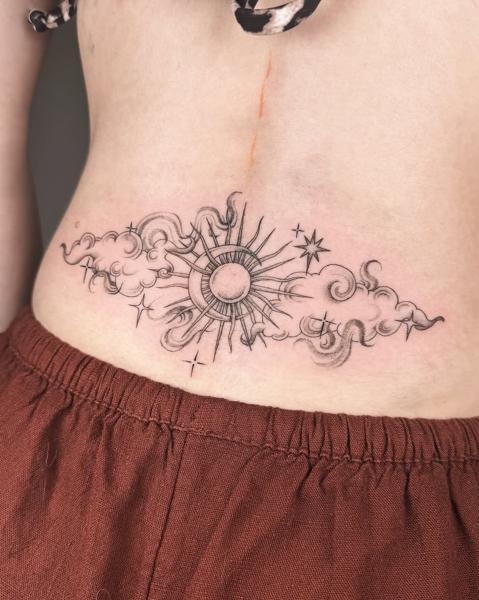 Fine line celestial clouds tattoo by @meganbirdtattoo