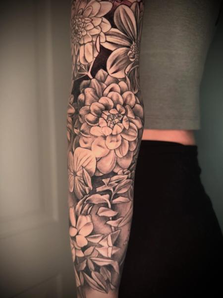 Black And Grey floral sleeve tattoo by @meganhoogland