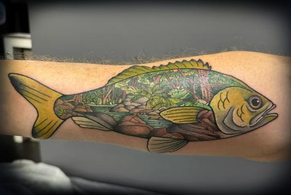 Illustrative neo-traditional forest fish tattoo by @meg.tattz