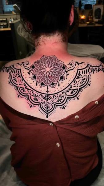 Blackwork ornamental mandala tattoo by @meg.tattz