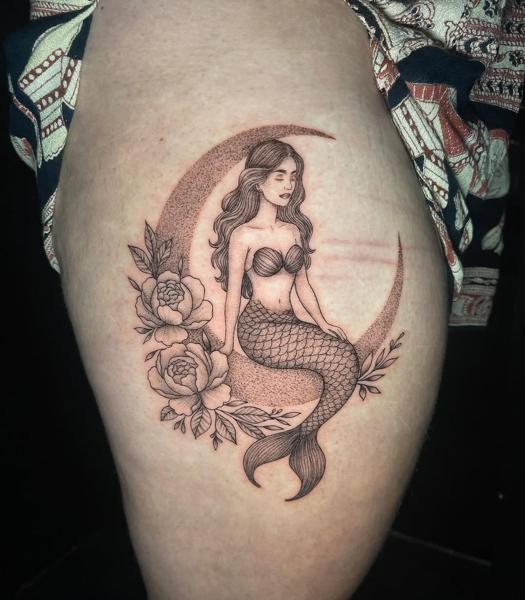 Dotwork mermaid moon floral tattoo by @megz.ink