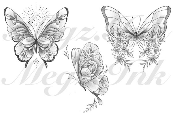 Fine line dotwork floral butterfly tattoo by @megz.ink