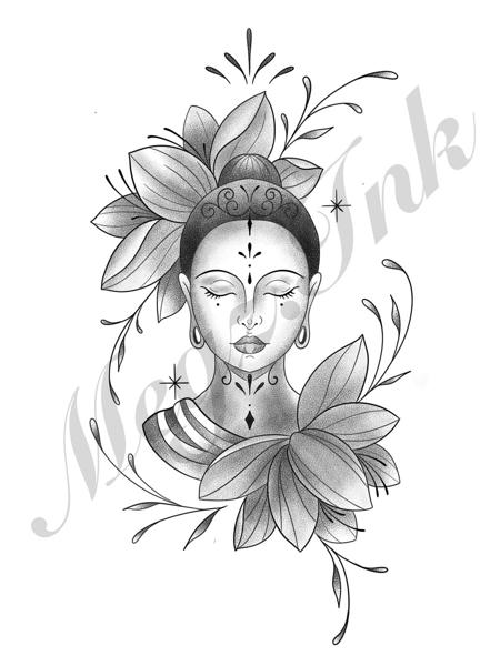 Illustrative floral deity tattoo by @megz.ink