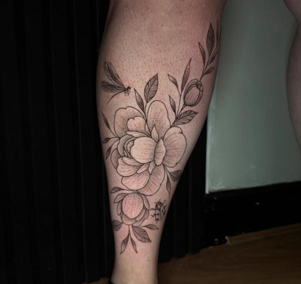 Fine line floral insects tattoo by @megz.ink