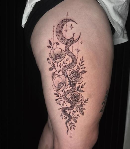 Fine line floral snake moon tattoo by @megz.ink