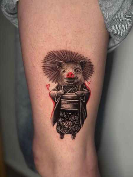 Illustrative pig in kimono tattoo by @melina.tatts
