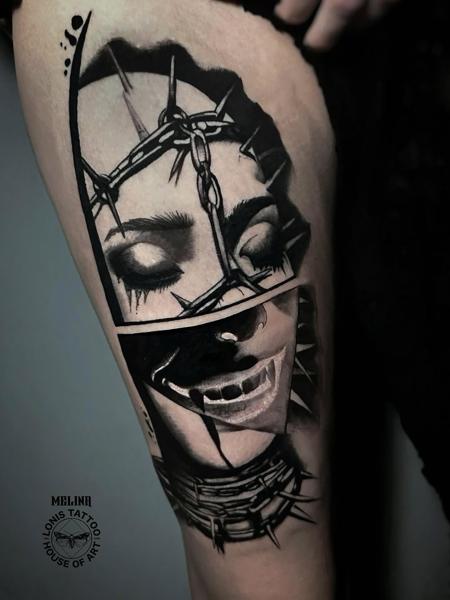 Realism barbed wire face tattoo by @melina.tatts