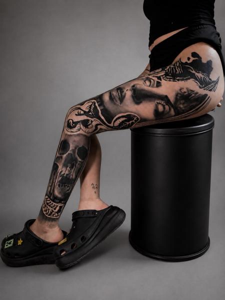 Realism skull and face tattoo by @melina.tatts
