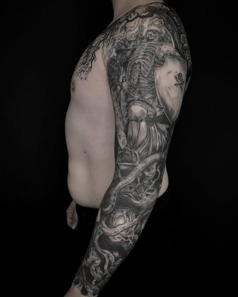 Realism skeleton warrior tattoo by @melina_tattoo
