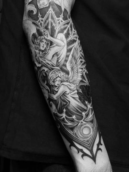 Blackwork angel figures tattoo by @melina_tattoo