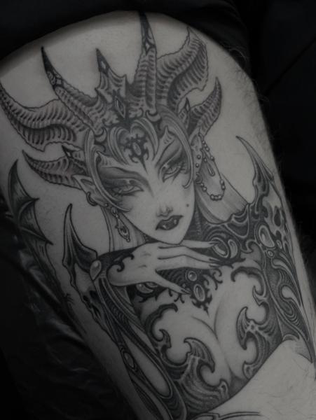 Blackwork demonic woman tattoo by @melina_tattoo