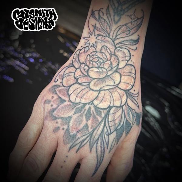 Blackwork floral design tattoo by @mjsmith_designs