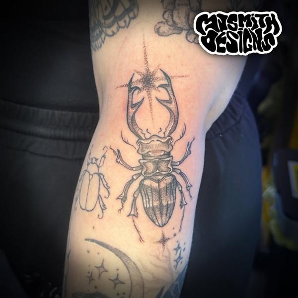 Fine line stag beetle tattoo by @mjsmith_designs