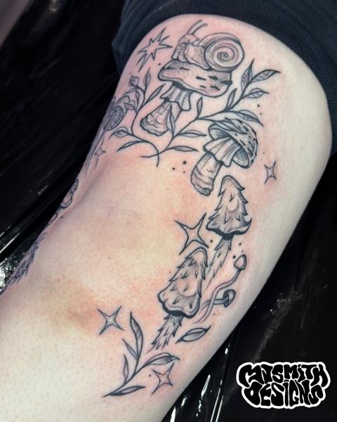 Fine line snail mushrooms tattoo by @mjsmith_designs