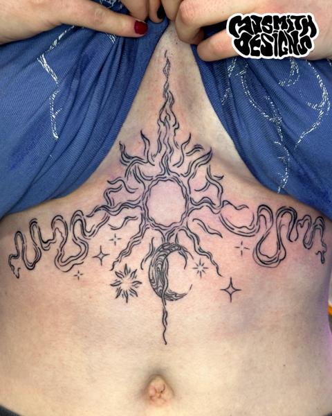 Fine line sun and moon tattoo by @mjsmith_designs