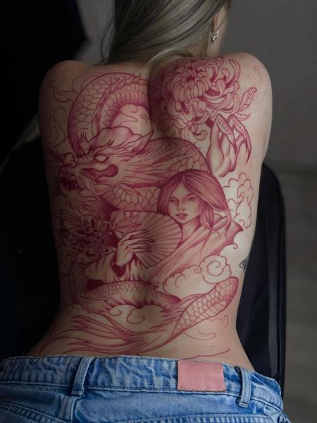 Japanese dragon and woman tattoo by @mia.ink._
