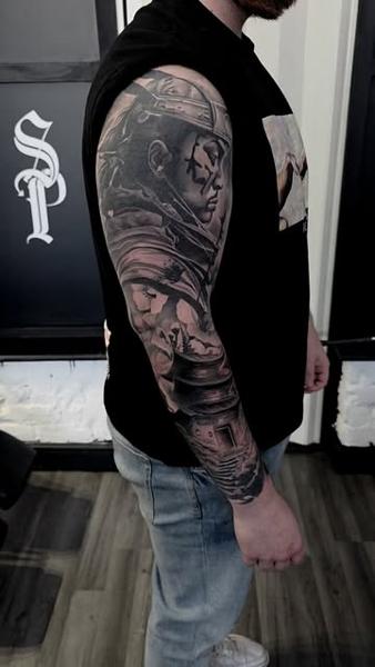 Realism warrior portrait tattoo by @michal_zak_tattoo