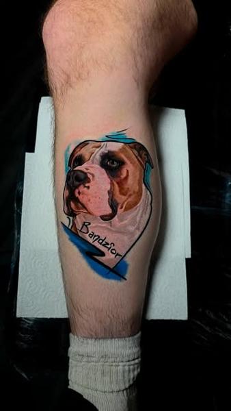 Illustrative color dog portrait tattoo by @michal_zak_tattoo