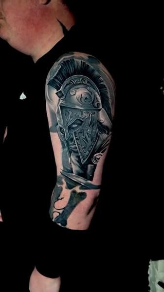 Realism spartan warrior tattoo by @michal_zak_tattoo
