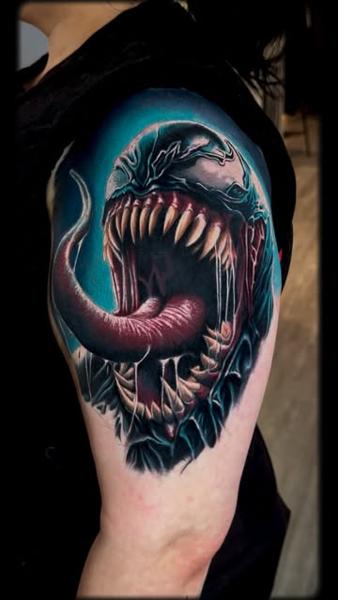 Realism venom portrait tattoo by @michal_zak_tattoo