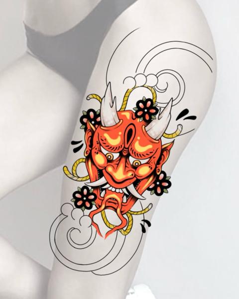 Japanese oni mask tattoo by @miguel.tattooer