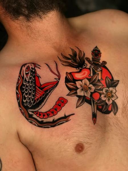Traditional snake and dagger tattoo by @mikeysharks