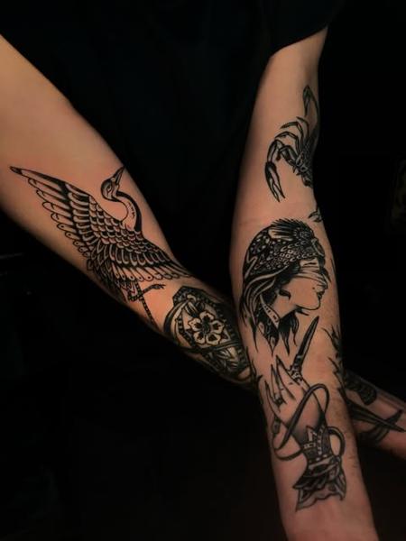 Blackwork bird and woman tattoo by @mikeysharks