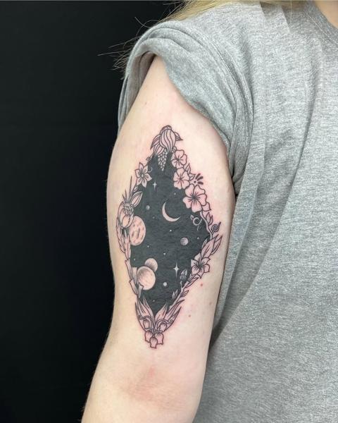 Fine line floral space tattoo by @mikotattoo