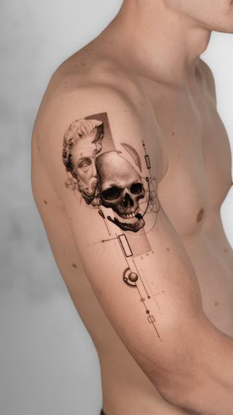 Realism geometric skull tattoo by @minaltt
