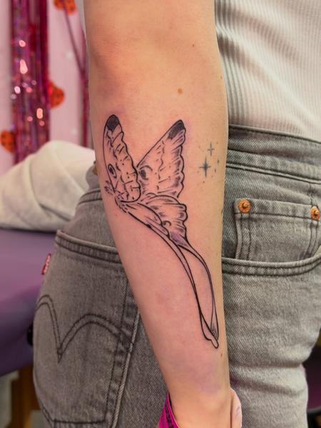Fine line moth tattoo by @moz.tattoos