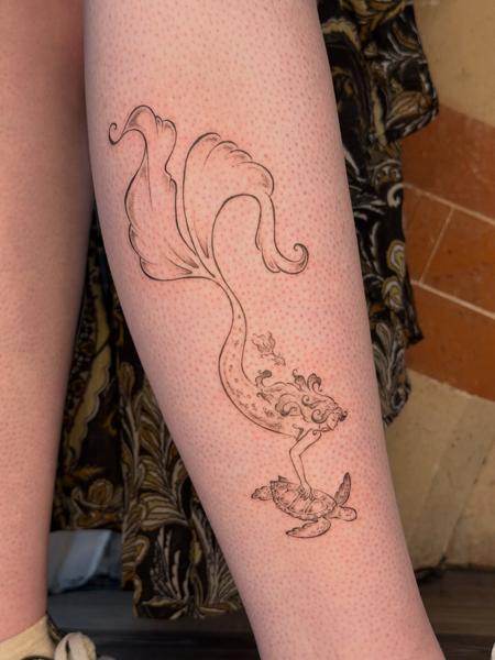 Fine line mermaid and turtle tattoo by @moz.tattoos