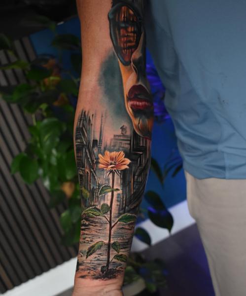 Surreal realism surreal face flower tattoo by @monny636