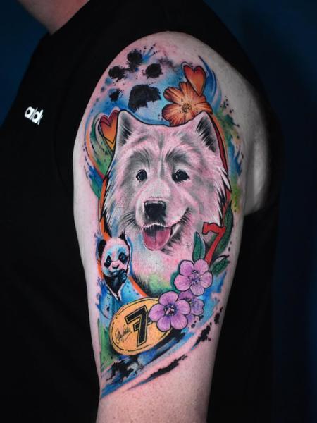 Illustrative fluffy dog portrait tattoo by @monny636