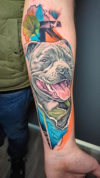 Realism pitbull portrait tattoo by @monny636