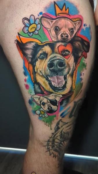Illustrative colorful dog portraits tattoo by @monny636