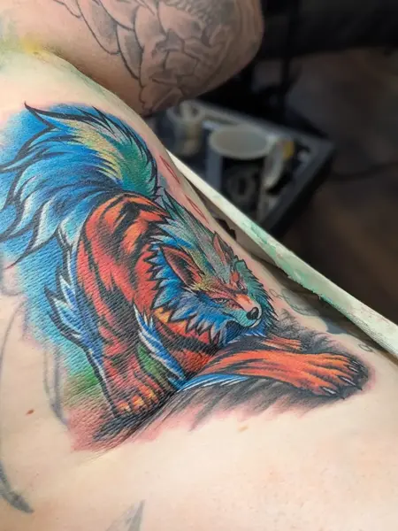Illustrative fantasy wolf tattoo by @monny636