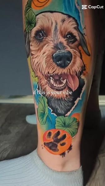 Realism dog portrait and paw tattoo by @monny636