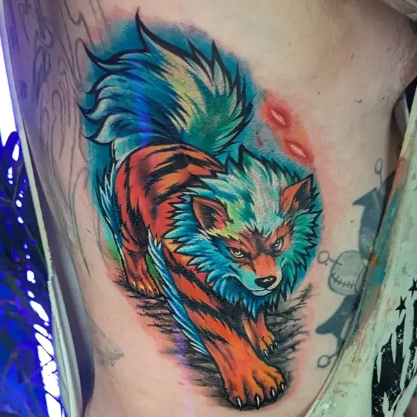 Anime colorful wolf tattoo by @monny636