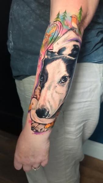 Color realism dog portrait nature tattoo by @monny636