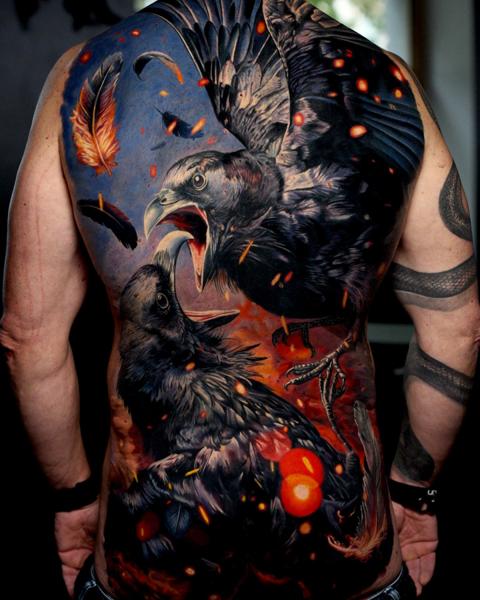 Realism crows and feathers tattoo by @moriel.seror