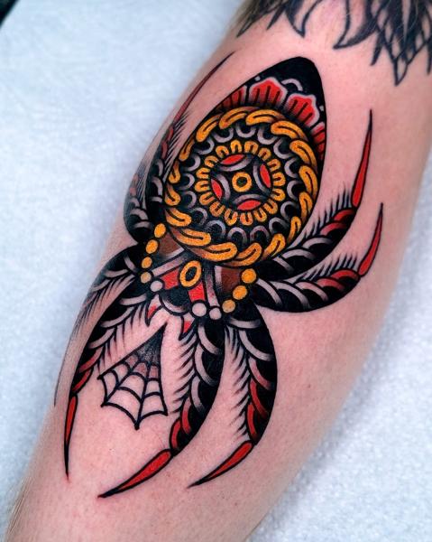 Traditional ornamental spider tattoo by @morstattoo