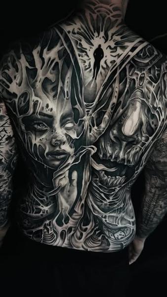 Dark realism surreal woman skull tattoo by @mortenstubbe_tattoos