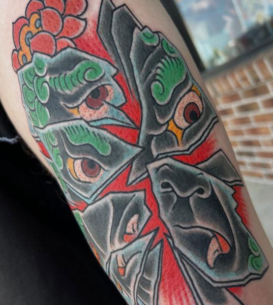 Traditional abstract faces tattoo by @mr_wrath